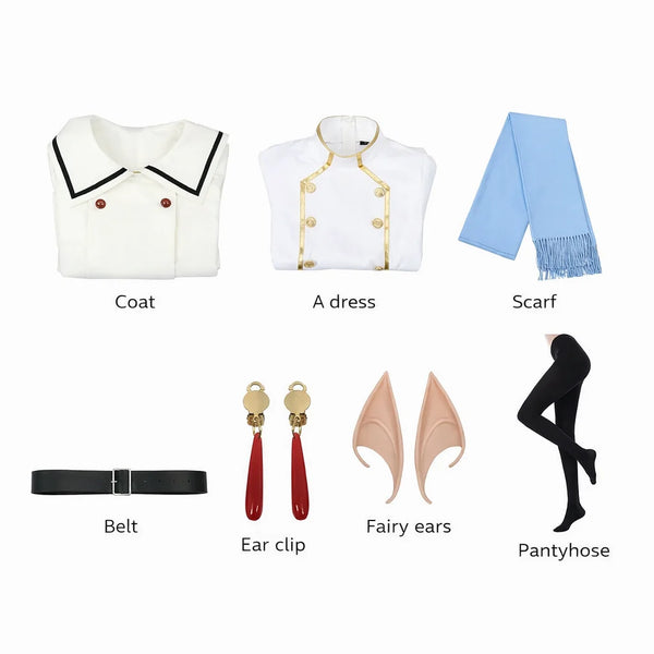 Alt: Frieren winter cosplay costume full set including coat, dress, scarf, belt and accessories