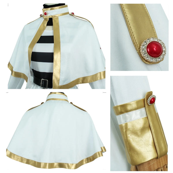 Frieren cosplay cape gold trim detail and shoulder clasp close up