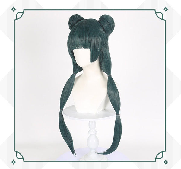 Maomao Green wig styled in twin buns on a mannequin head against a white background