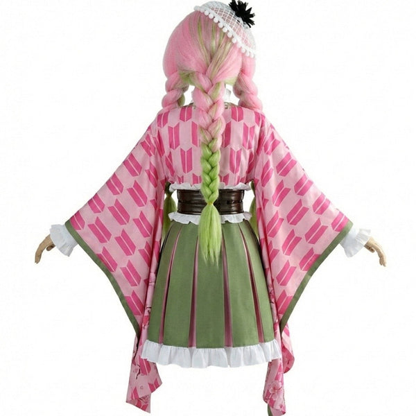 Demon Slayer Mitsuri Kanroji Anniversary Costume Set. pink and green outfit with braided hair on a white background