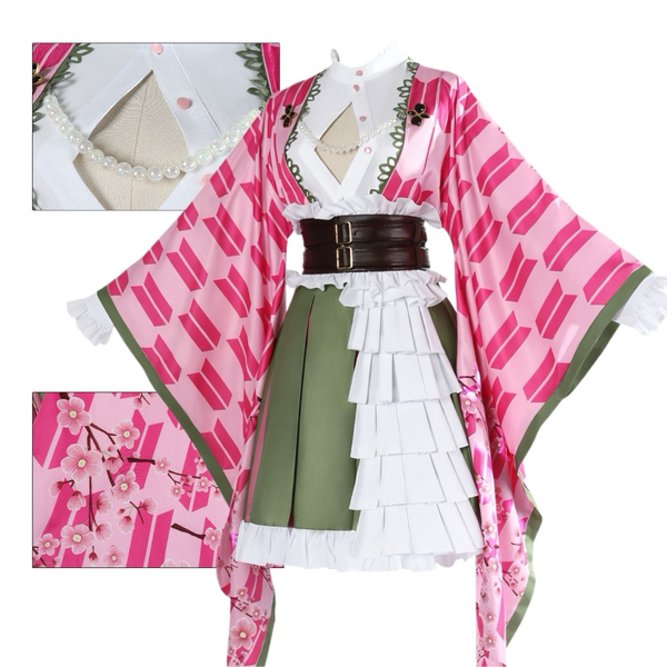 Demon Slayer Mitsuri Kanroji Anniversary Costume Set.Pink and white patterned kimono and accessories on a white background