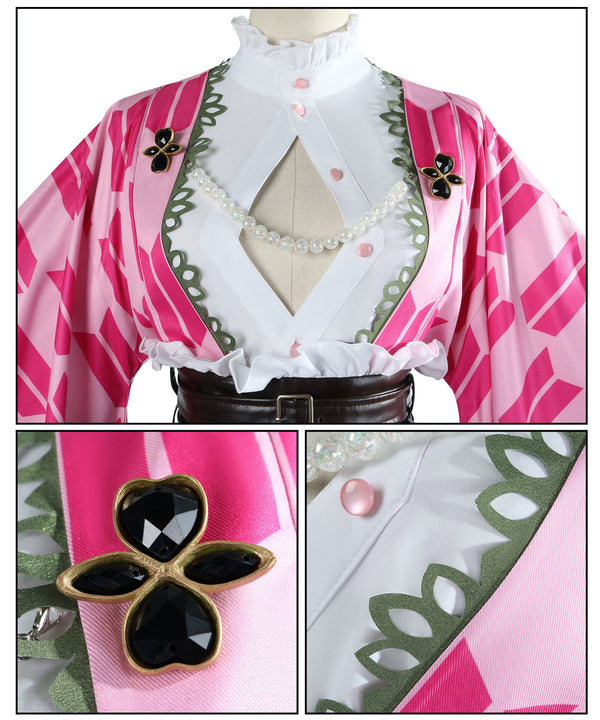 Demon Slayer Mitsuri Kanroji Anniversary Costume Set.pink and green kimono with black floral brooches.