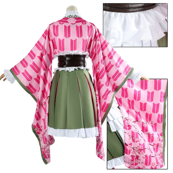 Demon Slayer Mitsuri Kanroji Anniversary Costume Set.Traditional outfit with pink and green patterned kimono on a mannequin, with close-up insets of details.