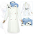 Frieren winter coat front view with double row buttons and sailor collar. White coat with blue scarf on a mannequin, with close-up insets.
