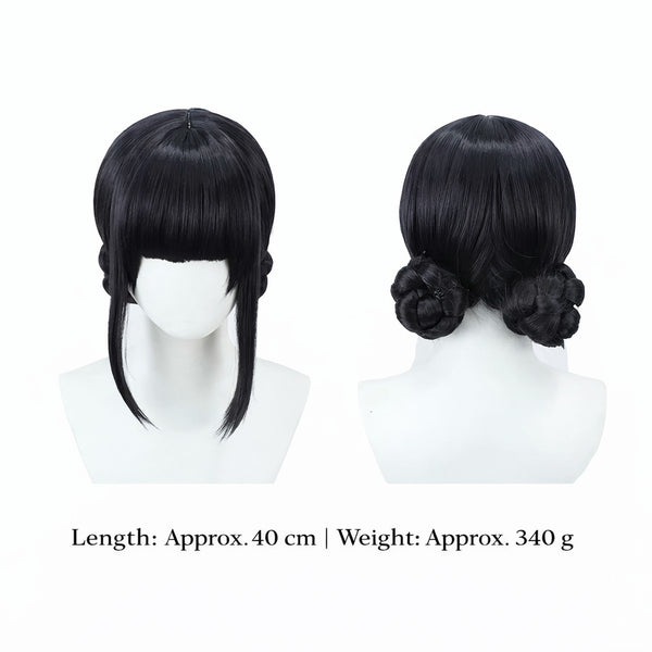 Kpop Zoey black wig on mannequin heads with styling options, displayed from front and side views.