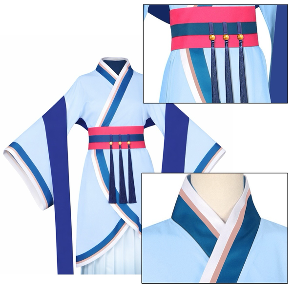 The Apothecary Diaries Maomao Winter Costume. Traditional outfit with blue and pink accents.