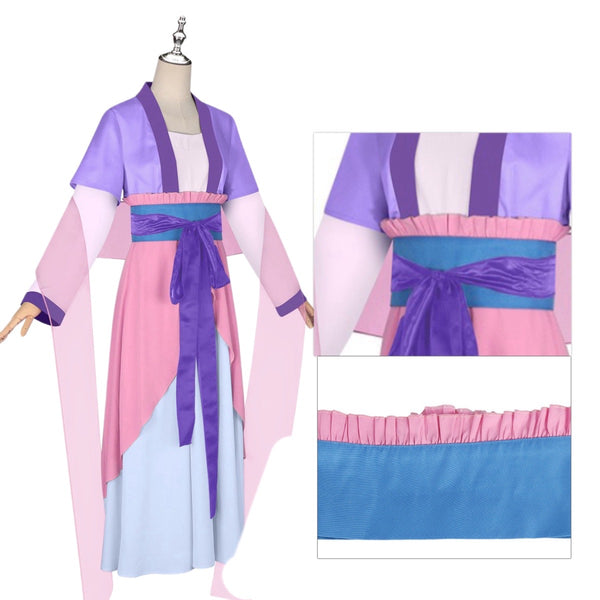 The Apothecary Diaries Season 2 Maomao Hanfu Costume. Colorful robe with purple, pink, and blue accents on a mannequin with close-up details.